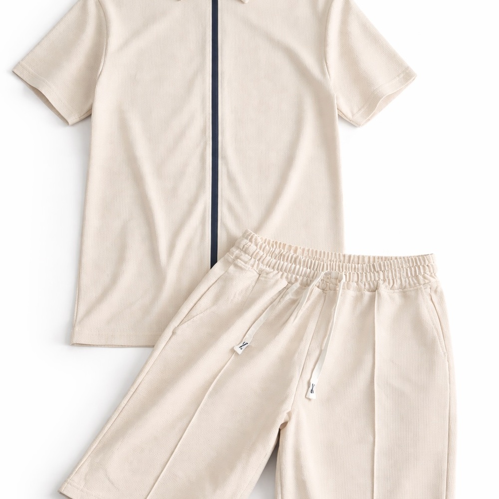 Beige Short Sleeve Set with Drawstring Shorts